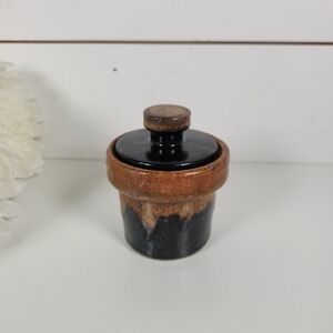 Small Vintage Black & Brown Lidded Crock Pottery Jar - Ginger Spice Jar